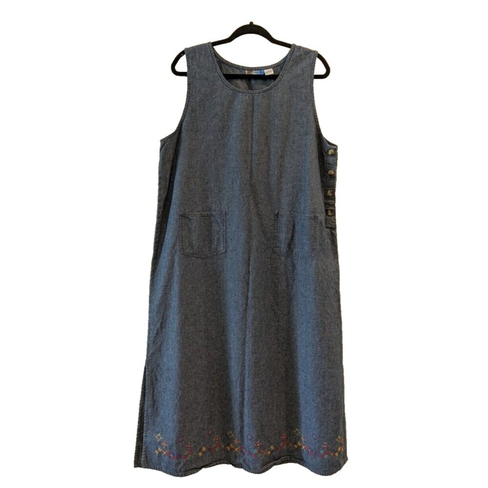 Vtg 90s Nina Capri Denim Maxi Dress Lg Embroidered Hem Patch Pockets